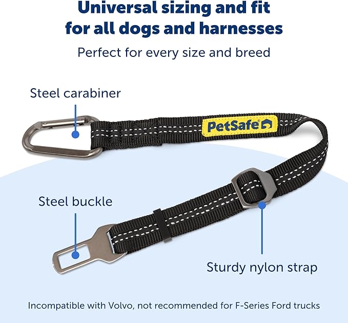 PetSafe Safety Seatbelt Tether Adjustable Dog Seat Belt for Car Works with Any Harness Carabiner Clip, Black - 1 Tether Included