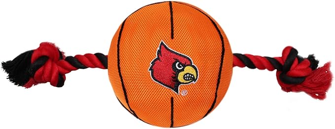 NCAA Louisville Cardinals Basketball Rope Toy for Dogs & Cats. Tough Nylon, Sporty Basketball Design, Heavy-Duty Ropes with Inner Squeaker