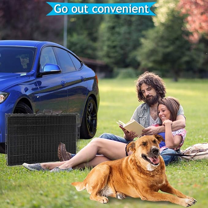 Dog Crate Dog Kennel Cage 42” Portable Foldable Indoor Outdoor Large Double Door Wire Metal Puppy Cat Pet Dog Cage with ABS Tray LC & Divider, Black