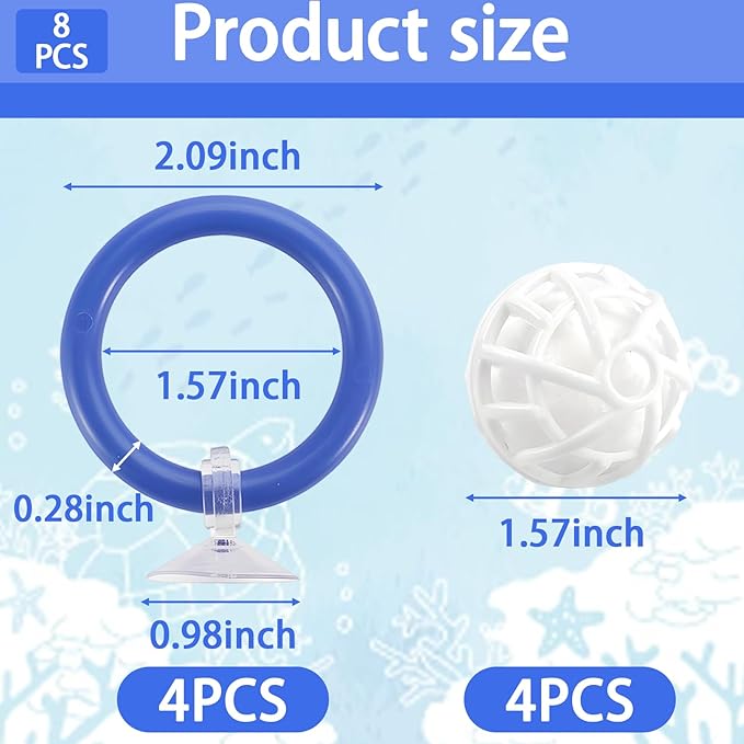 8 Pcs Betta Fish Toys, 4Pcs Betta Fish Tank Accessories and Turtle Toys for Aquatic Turtles with 4 Filter Balls (40mm), Aquarium Training Feeding Ring