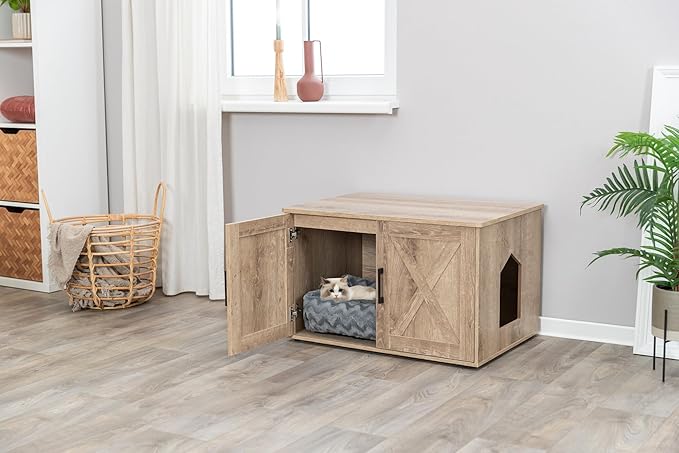 TRIXIE XL Farmhouse Litter Box Enclosure (Graywash), Hidden Litter Box for Cats in Farmhouse-Style, Openings on Either Ends, Large Ventilations Slots, Double Doors for Easy Cleaning, Removable Divider