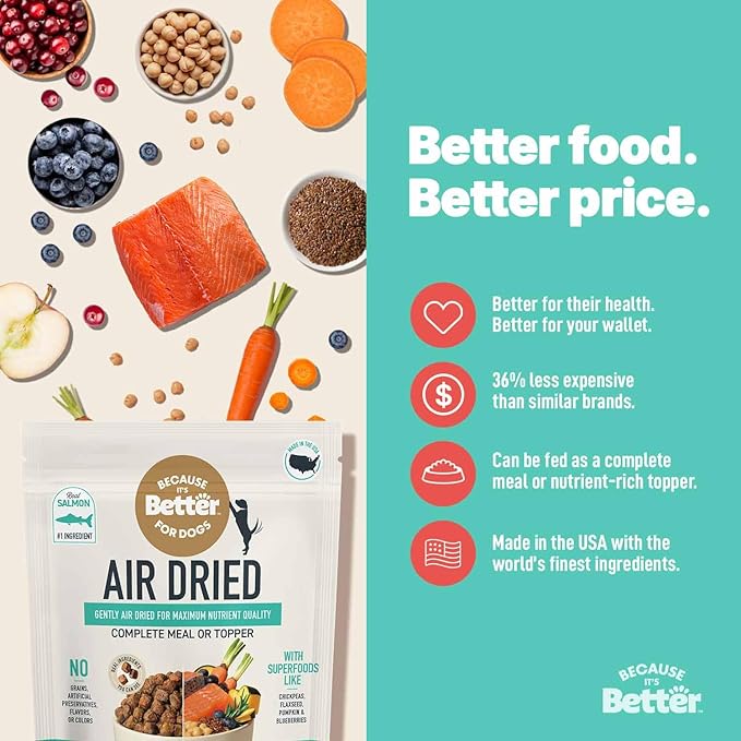Because It’s Better Slow Baked & Air Dried Dog Food - Real Salmon & Veggies - Complete & Balanced Dry Dog Food - Grain Free, High Protein, Natural Nutrition for All Life Stages, 3 lb Bag