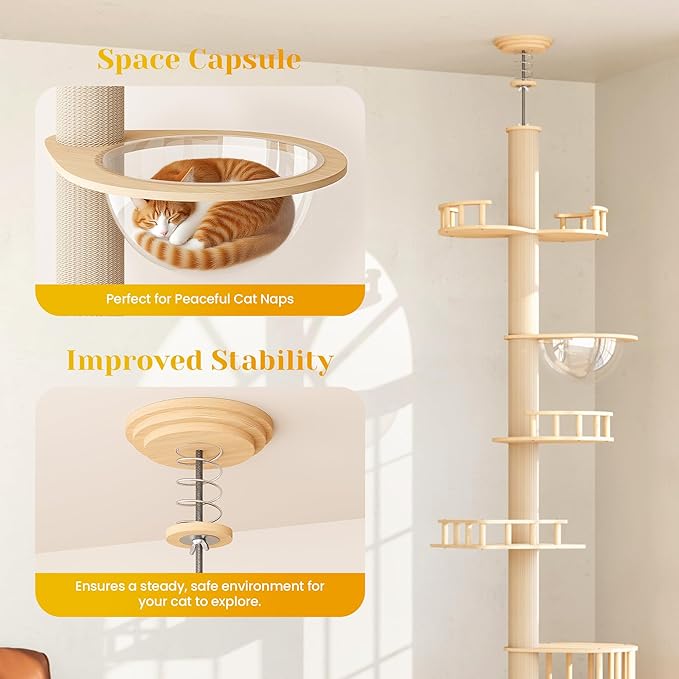 Fansafurn Floor-to-Ceiling Adjustable Cat Tree Tower with Acrylic Capsule, Space-Efficient Multi-Level Structure, Sisal-Wrapped Scratching Posts, Ideal for Kittens and Large Cats, Stable and Modern
