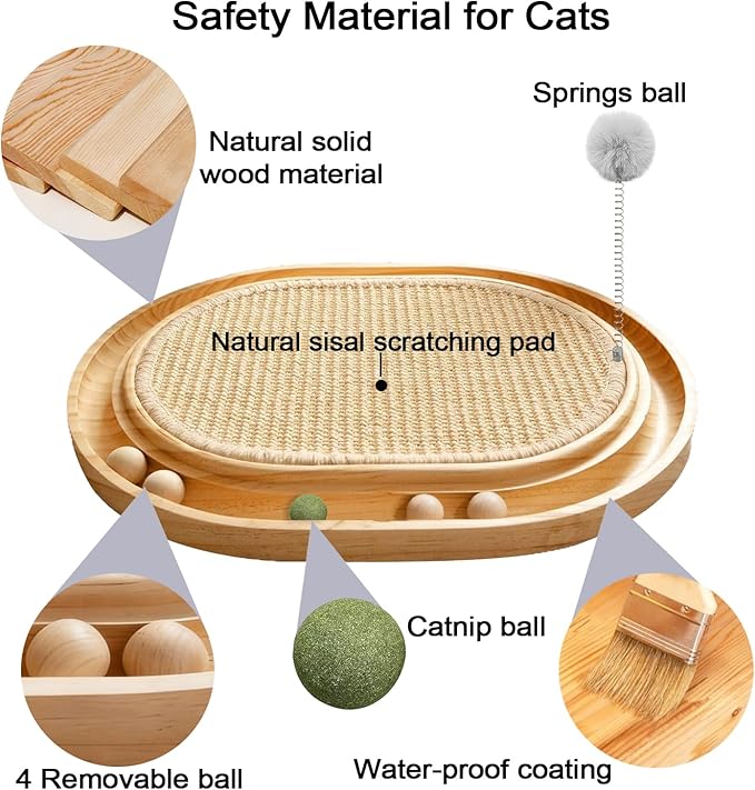 Natural Sisal Cat Scratcher Pad with Wooden Cat Ball Track Toy Interactive Cat Toys for Bored Indoor Adult Cats Kitten Toys for Chasing Hunting & Physical Exercise Puzzle Cat Scratching Pads