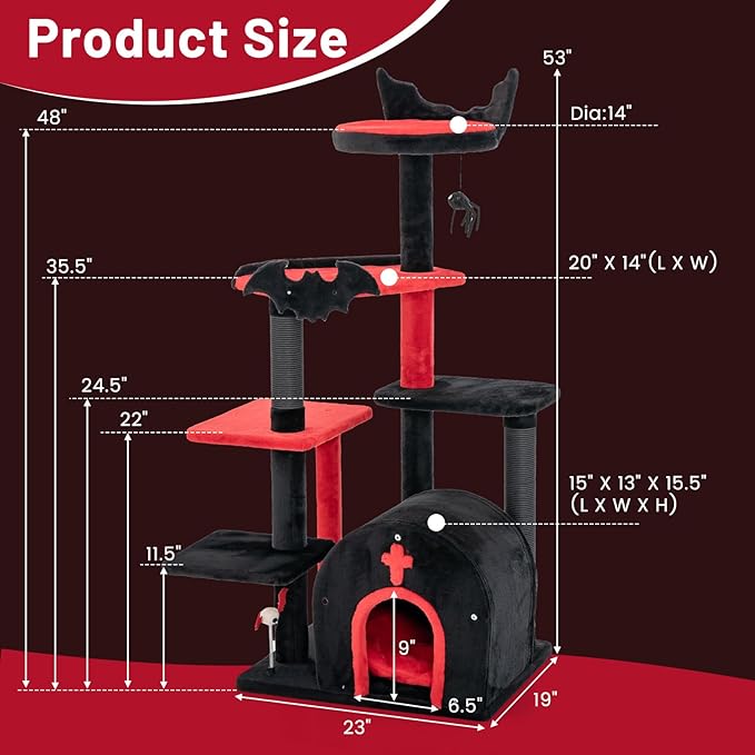 Tangkula Gothic Cat Tree, 53 Inch Black Cat Tower with Coffin Bed, Condo, Scratching Posts, Spider Pompom & Spring Balls, Halloween Pet Furniture, Spooky Goth Cat Tree for Indoor Cats