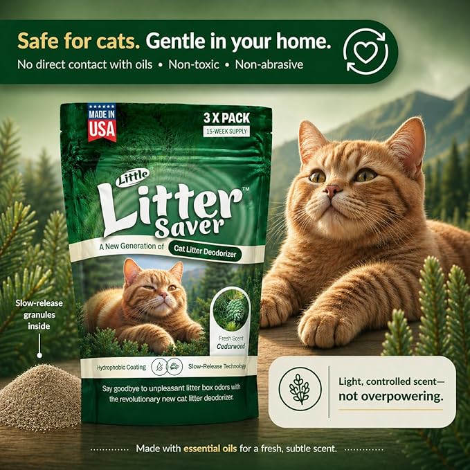 Little Litter Saver | a New Generation Of Cat Litter Box Deodorizer | Unique Formula for Slow Release | Natural Fresh Scent | Up to 15 Weeks Supply | 3 x 0.5oz bags (Cedar)
