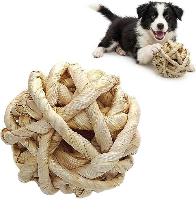 Natural Dog Chew Toy, 1pcs Woven Grass Chew Ball for Dogs, Dental Teething Toy & Interactive Fetch Toys, Outdoor Rattan Digestible Chew Ball for Boredom Relief - CornLeaf
