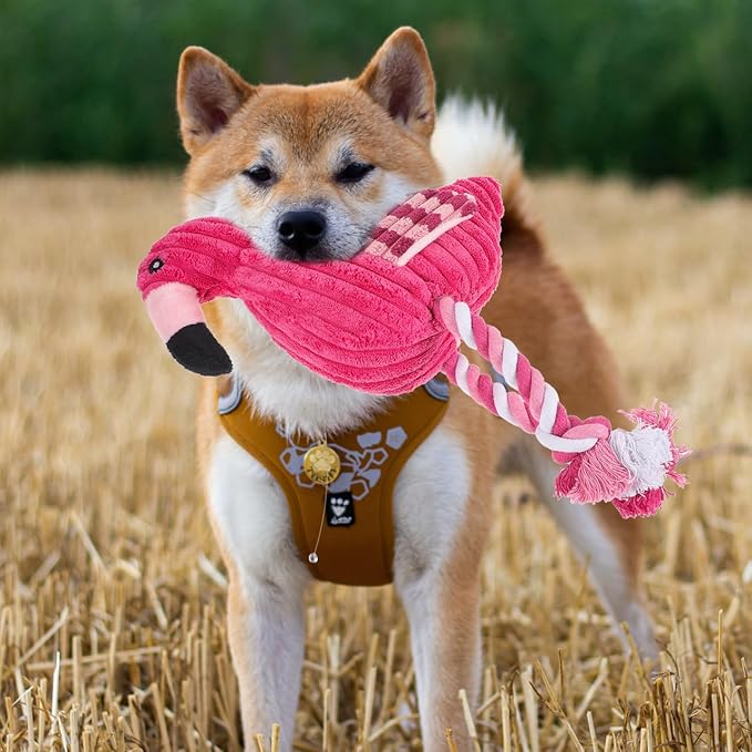 POPETPOP Flamingo Squeaky Rope Dog Toy 11.81X7.08X3.14In Interactive Corduroy Plush Chew Toy for Indoor Play Suitable for Small to Large Dogs