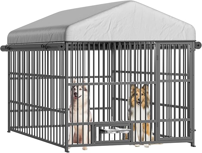 HOOBRO Dog Kennel Outdoor with Cover, 6.6 x 6.6 x 6.4 ft Dog Kennel Outside with Waterproof Roof and Rotating Feeding Bowls, Heavy-Duty Large Cage Enclosure, for Medium & Large Dogs, Black BK220GW03