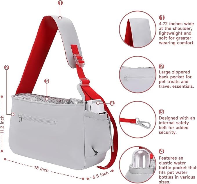 Dog Sling Carrier for Small Medium Dogs & Cats, Fits 7–18lbs, Soft Puffy Lightweight Pet Sling Carrier with Adjustable Padded Strap and Storage Pocket, Hands-Free for Travel, Hiking & Outdoor Grey