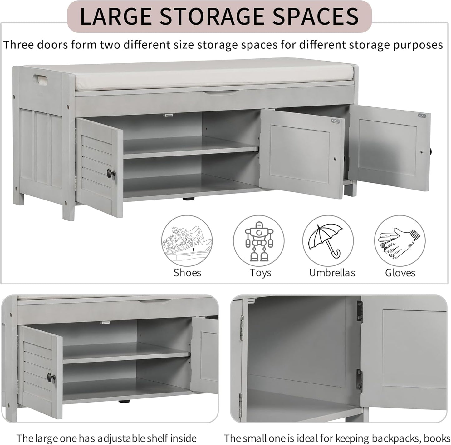 Storage Bench with 3 Shutter-Shaped Doors, Wood Shoe Bench with Removable Cushion and Hidden Storage Space for Entryway, Living Room, Hallway 43.5" L*16" W*18" H (Gray Wash Pine)