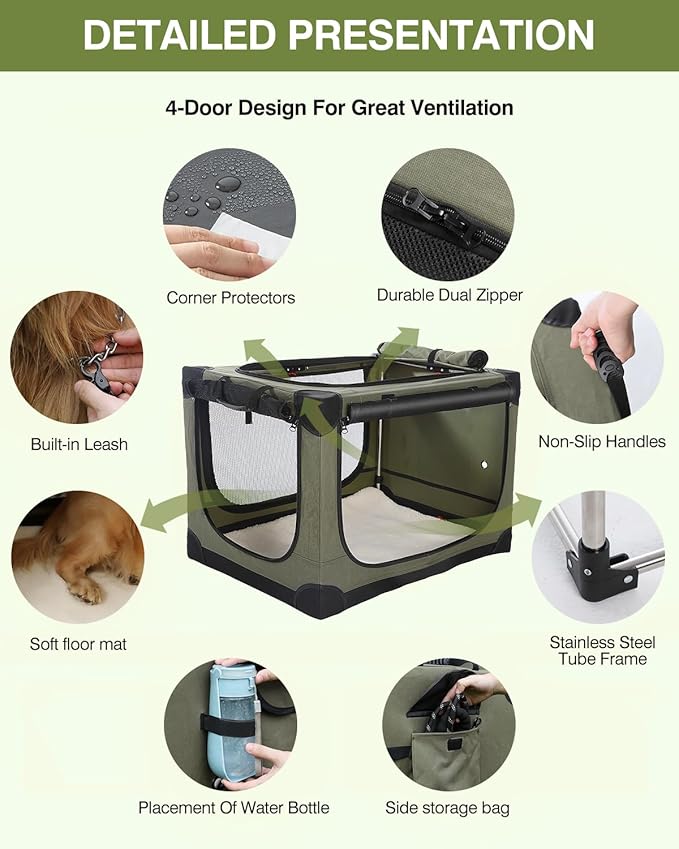 24 x 17 x 17 Inch Collapsible Soft Dog Crate for Dogs Up to 30 lbs, Portable Travel Pet Kennel with 4 Zip Doors, Foldable Indoor Outdoor Crate with Mat, Carry Bag, Green