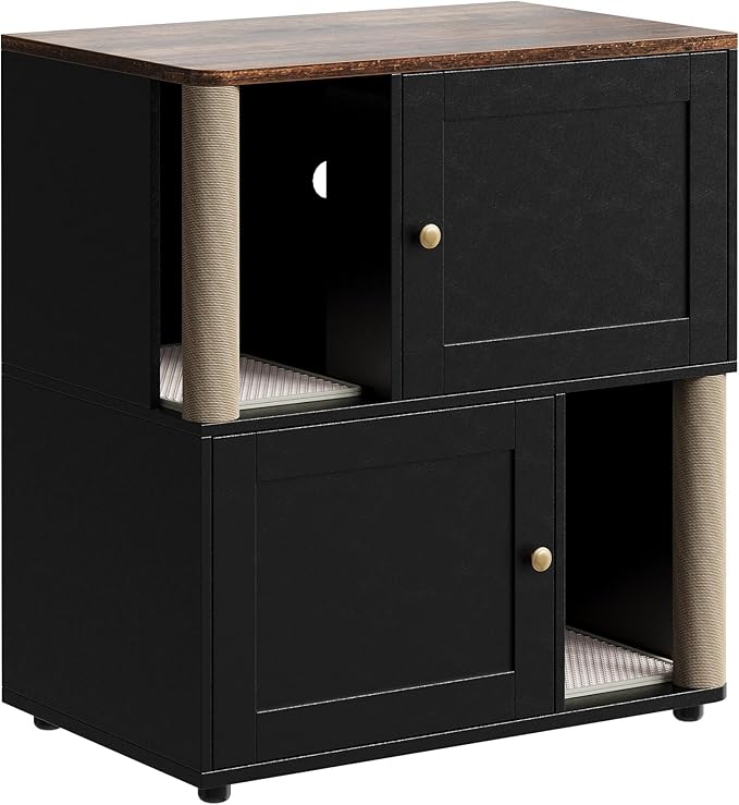 Cat Litter Box Enclosure for 2 Cats, Hidden Litter Box Furniture with Scratch Post and Double-Layer Litter Mats,Farmhouse Wooden Cat House Washroom or Bed, Black