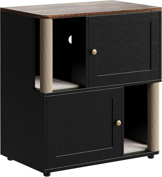 Cat Litter Box Enclosure for 2 Cats, Hidden Litter Box Furniture with Scratch Post and Double-Layer Litter Mats,Farmhouse Wooden Cat House Washroom or Bed, Black