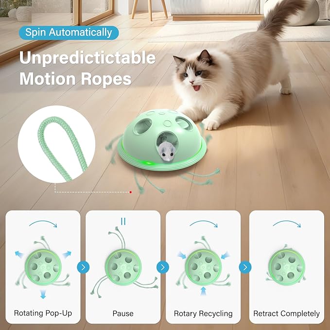 Pawingcat Automatic Cat String Toy 6 Holes Whack a Mole Cat Toy with Plush Running Cat Mouse Toy Hide and Seek Interactive Cat Toys for Indoor Cats（Green）