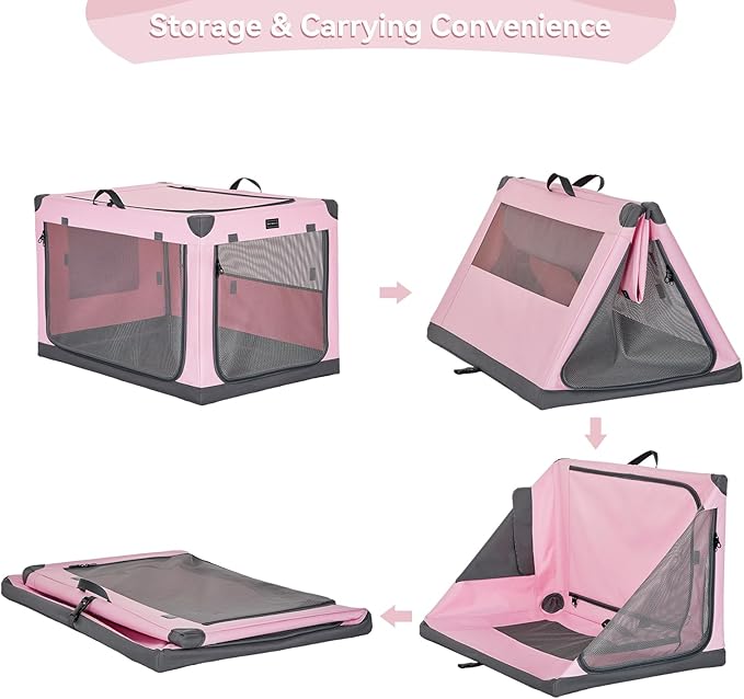 PETSFIT 40" Soft Portable Dog Crate – Patented Spiral Sturdy Frame, Collapsible Travel Kennel for Large Dogs, 3 Mesh Door, Lockable Zippers, Indoor & Car Use Pink