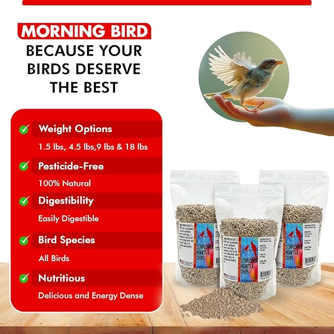 Morning Bird Sunflower Hearts & Chips 4.5 lbs (3-Pack, 1.5 lbs Each) – Premium Bird Seed with High Protein & Healthy Fat - Shelled Sunflower Hearts for Birds - Mess Free, Easy to Feed, Delicious Snack