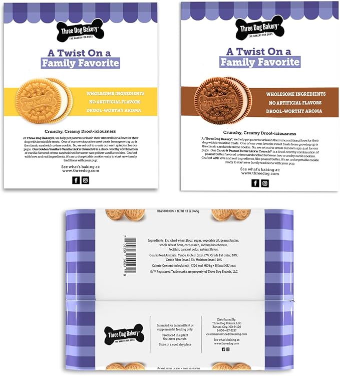 Three Dog Bakery Lick'n Crunch! Sandwich Cookies Variety Pack Premium Treats for Dogs, Carob/Peanut Butter, Golden/Vanilla, & Pupper Butters, 37.8 Ounces, 3-Pack