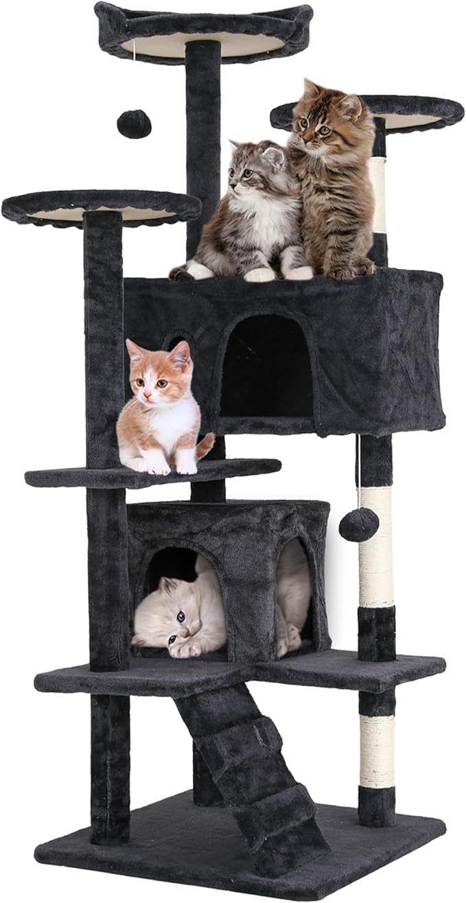 24/7 Shop at Home Court 54 inch Multi-Level Cute Cat Tree Tower with Dangling Ball and Scratching Posts for Indoor Cats Adults, Kitten Supplies, Pet House, Dark Gray