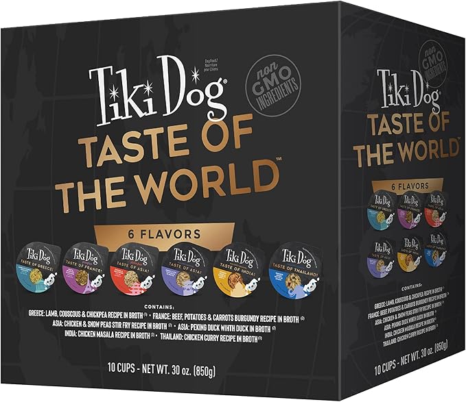 Tiki Dog Taste of The World Whole Food, Vareity Pack of Gourmet International Flavors in Broth, Culinary Inspired High Protein and Moisture Rich Superfoods Wet Dog Food, 3 Oz Cups, Case of 10