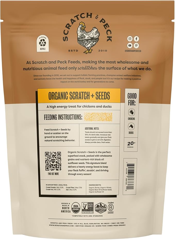 Scratch and Peck Scratch + Seeds Chicken and Duck Treat - 10 lbs Bag - 11% Protein, Certified Organic and Non-GMO Project Verified Chicken Food