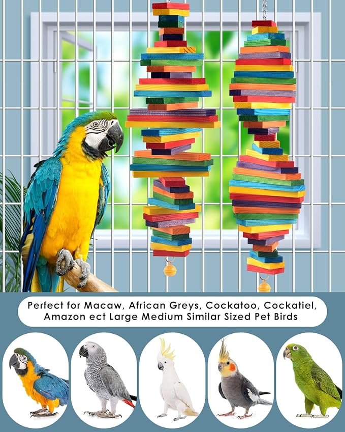 Bissap 2 PCS Bird Chew Toys, Multicolored Bagel Cascade Medium Large Bird Parrot Chewing Sticks Biting Wooden Blocks Toy for Big Amazon Senegal Cockatoos Macaws African Grey Similar Sized Pet Birds