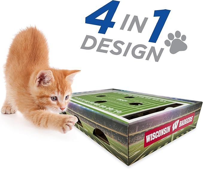 Pets First NCAA Wisconsin Badgers Cat Scratcher Box, Game Day Cat Toy, NCAA Football Field Designed Cat Scratcher and Lounge, Stimulating Cat Game