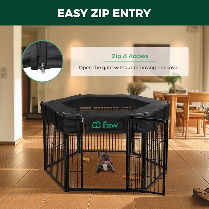 FXW Homeplus Indoor Dog Playpen with Hexagon Mesh Top Cover for Escape Prevention, 32 Inch 6 Panels Heavy Duty Dog Pen for Small and Medium Dogs, Black│Patented