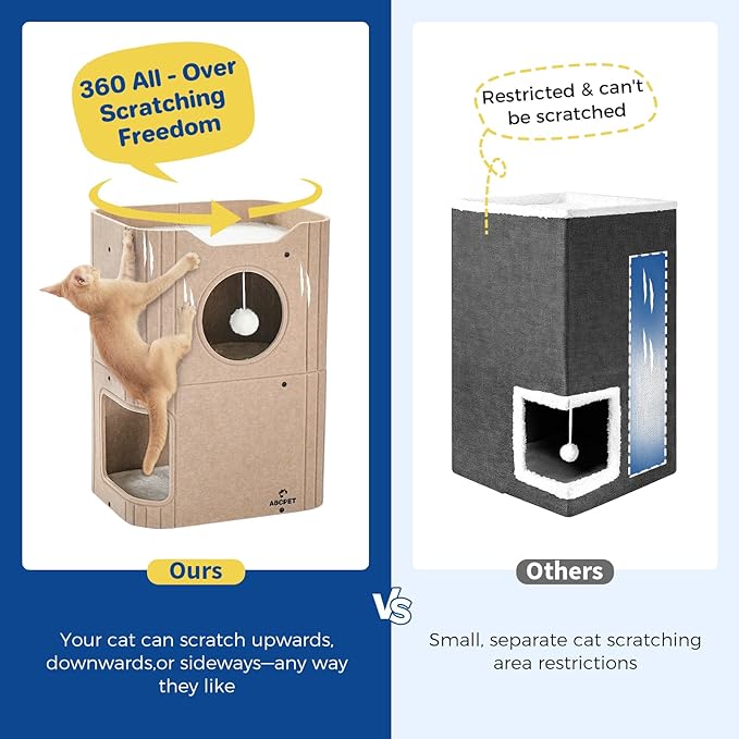 ABCPET Cat House for Indoor Cats, Cat Condo Cat Bed Cave, Felt Cats Hideaway Condo with Resistant Scratching Freedom Kitten Cube & Hanging Ball, Beige