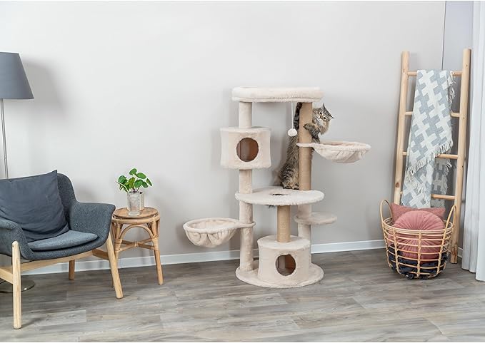 TRIXIE Anna Cat Tree – Cat Tower with Sisal Posts, Dual Hammocks, Caves & Hanging Toy – Indoor Cat Furniture for Scratching & Climbing – Beige, 23.6" x 23.6" x 50.4"
