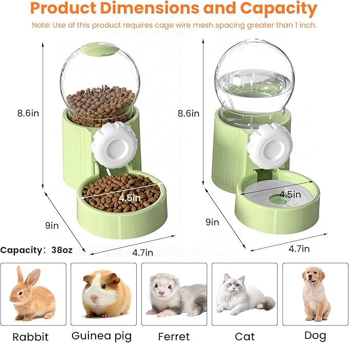 38oz Hanging Automatic Food Water Dispenser, Large Capacity Gravity Rabbit Water Dispenser and Feeder Set, for Bunny Guinea Pig Chinchilla Ferret Cage Accessories (Green)