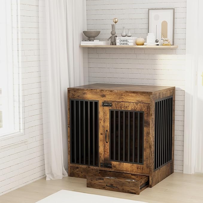 yookare Rustic Brown Heavy Duty Furniture Dog Crate, Wood and Metal Kennel Cage, Pet House End Table with Drawer and Pull-Out Design, Dog Home for Indoor use, Medium Size