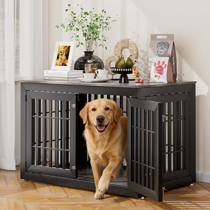 Snuowu 48" Heavy-Duty Dog Crate Furniture for Large Dogs, XXL Wooden Dog Cage Kennel Indoor Furniture, Decorative Pet House End Table, Black & Grey