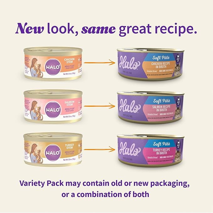 Halo Wet Cat Food Variety Pack,Grain Free Three Canned Wet Cat Pate,Chicken Stew,Salmon Stew & Turkey-Stew,5.5 Oz Can,(Pack of 24)