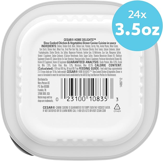 Cesar Home Delights Adult Wet Dog Food, Slow Cooked Chicken & Vegetables Dinner in Sauce 3.5 oz. Easy Peel Dog Food Tray, 24 Count (Pack of 1)