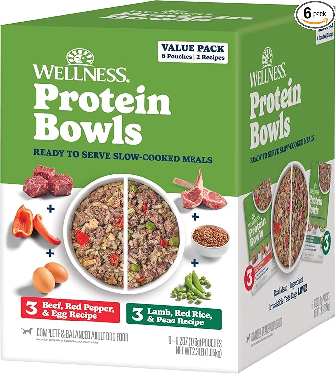 Wellness Protein Bowls Variety Pack Adult Wet Dog Food, Fresh Alternative, Wholesome Grains, Natural, Beef and Lamb Recipes, 6.2 oz, Pack of 6 Pouches