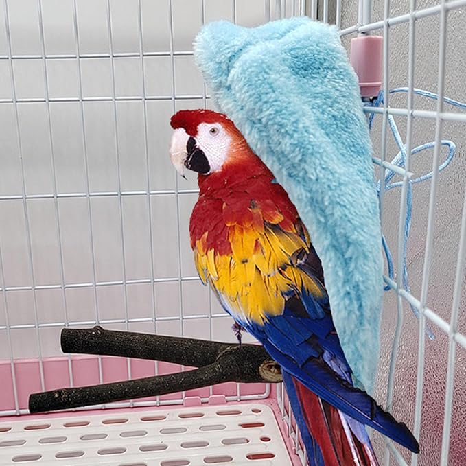 Bird Corner Fleece Warmer, Soft Velveteen Bed for Parrot Parakeet Cockatiel, Lightweight Washable Bird Cage Blanket, Winter Warm Hideaway (Blue)