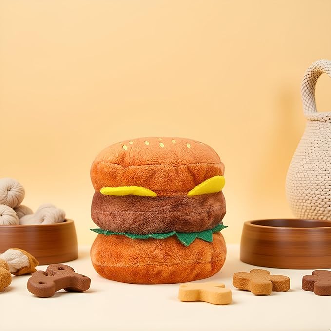 Hamburger Shape Dog Plush Squeaky Toy, Dog Squeak Toy for Pet Biteable Plush Chewing Squeeze Hamburger Bone Toy Biting Resistant Cat Soft Pet for Dogs, Squeak Toys