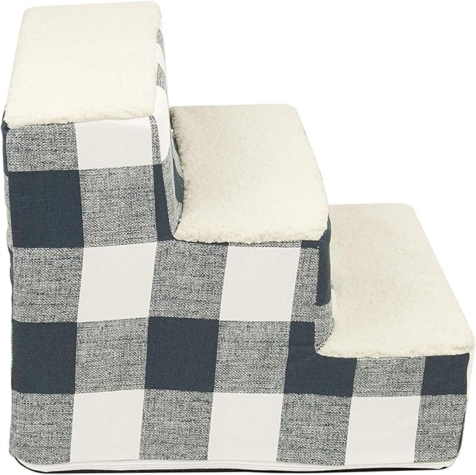 Majestic Pet 3 Step Portable Dog Stairs for Small Dogs to get on Bed Supports 250 lbs or Less – Dog Steps for High Bed with Machine Washable Cover –Pet Stairs for Cats Anderson Check Navy Blue