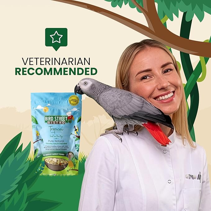 Bird Street Bistro Parrot Food for Parakeets & Cockatiels - Tropical - 18 oz - Cooks in 3-15 min, Natural Wholesome Grains, Fruits & Vegetables - USA Made