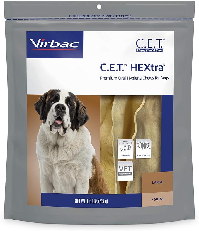 Virbac C.E.T.® HEXTRA® Premium Oral Hygiene Chews for Dogs, Rawhide Coated to Fight Bacteria and Reduce Plaque and Tartar, over 50lbs