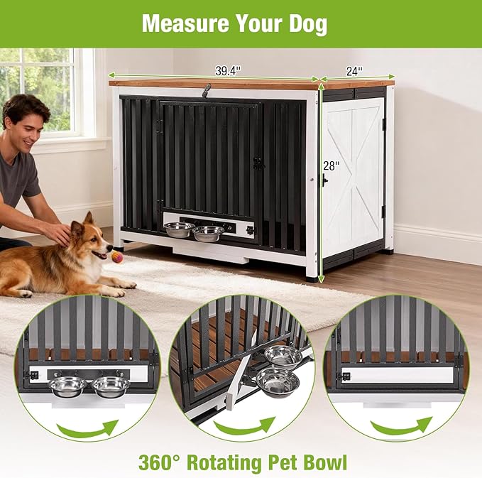 GUTINNEEN Expandable Foldable Dog Crate Furniture with 360° Rotating Bowls, Large Solid Wood Dog Crate End Table, Chew-Resistant Frame, Connectable Design for Larger Space, 39.4" L (Left Crate)