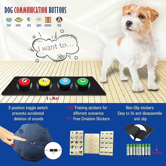 Recordable Buttons, Dog Buttons for Communication, Pack of 4 Colored Buzzers with Mat & 30 Scene Stickers 15 Custom Stickers. Non-Slip Stickers Inside