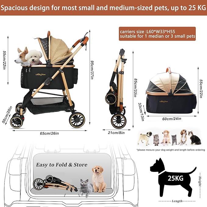 MILA&LOUIS Cat Stroller, 24" Pet Cradle, Lightweight & Stylish Dog and Pet Stroller for Medium and Small Pets, 55 Lbs Capacity with Cup Holder, Hook, Detachable Aluminum Cradle (Khaki)