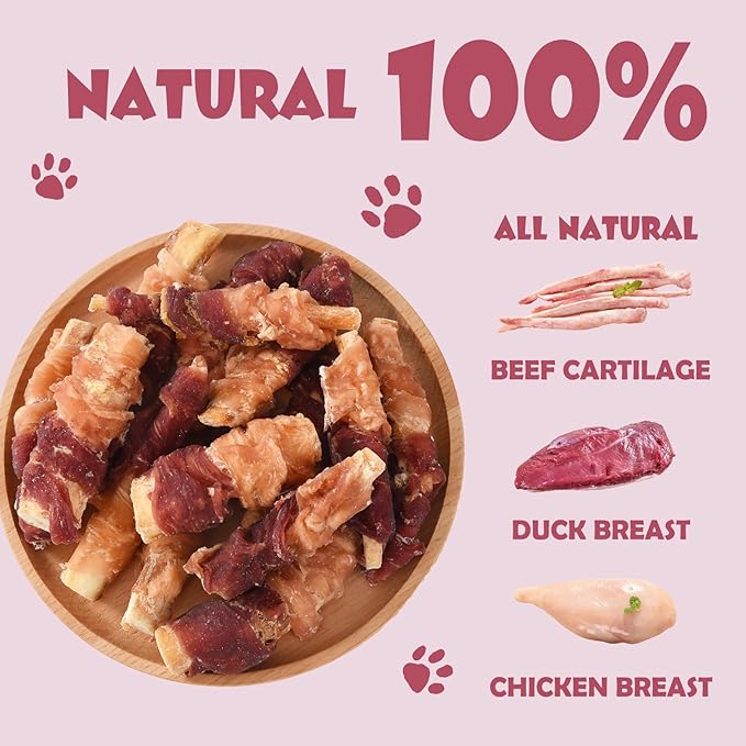 Healthy Dog Treats, Chicken Duck Wrapped Beef Cartilage Dog Chews, Long Lasting Grain Free Rawhide Free Dog Bones for Small Medium Dogs Daily Teeth Grinding Cleaning Chewing Snacks