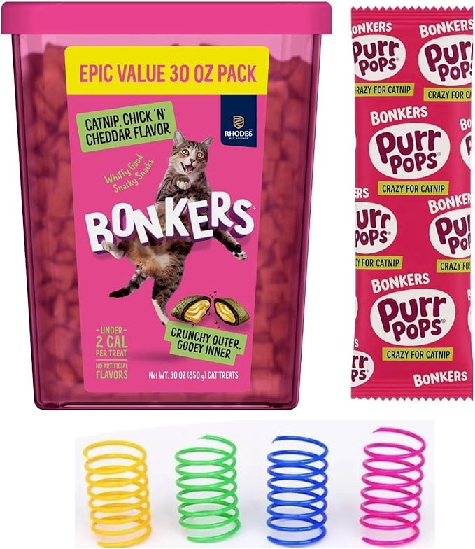 Bonkers Cat Treats, Catnip & Chicken Cheddar Flavor, Crunchy & Gooey, 30 oz Value Pack with Free Catnip Purrpop Sample, Plus 4 Cat Spring Toys