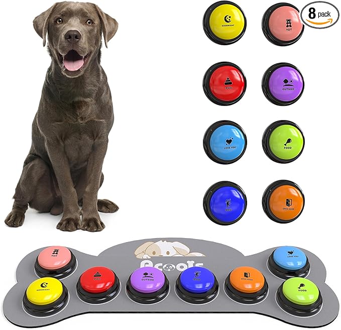 Acools Dog Buttons for Communication, 8 Dog Talking Button Set, 30s Recordable Voice Pet Buzzer Training Buttons, Speaking Button for Dogs with Anti-Slip Dog Buttons Talk Mat and 24 Scene Stickers