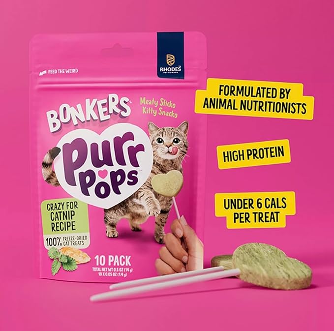 Bonkers Purrpops, Freeze Dried Crazy for Catnip Recipe Flavored Lollipop Cat Treats, for All Breeds and Ages - 8 Pieces (2 Packs) with 1 Cat Pom Pom Balls Toy