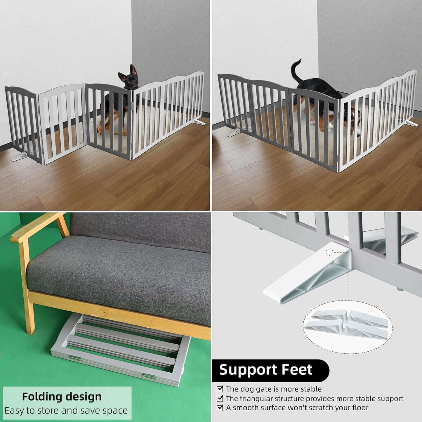 ZJSF Foldable Freestanding Indoor Dog Gate for House Wood Long Pet Gates Dog Fence for Stairs Puppy Gates for Hallways, Puppy Gate,Support Feet Included, Grey, 32 "Height-6 Panels