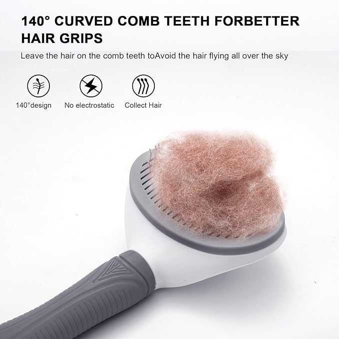 Self Cleaning Slicker Brush for Pet Grooming - Removes Loose Undercoat and Sheds, Suitable for Long and Short Hair Cats and Dogs, with Massaging Bristles (Grey)